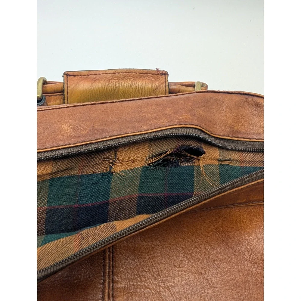 Hidesign Vintage Brown Leather Briefcase Plaid Lining Brass Hardware Messenger